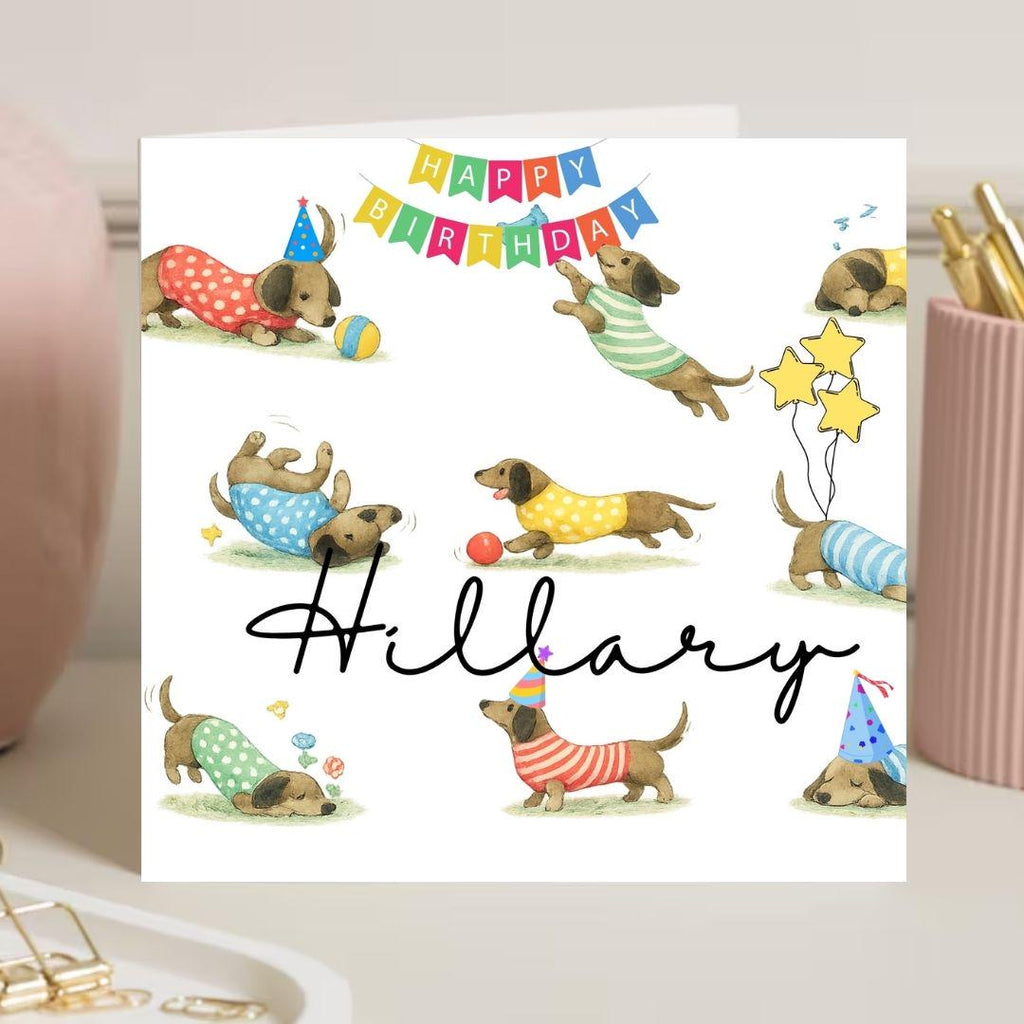 Personalized Sausage Dog Dachshund Birthday Card, Watercolor Wiener Dog Card With Custom Name