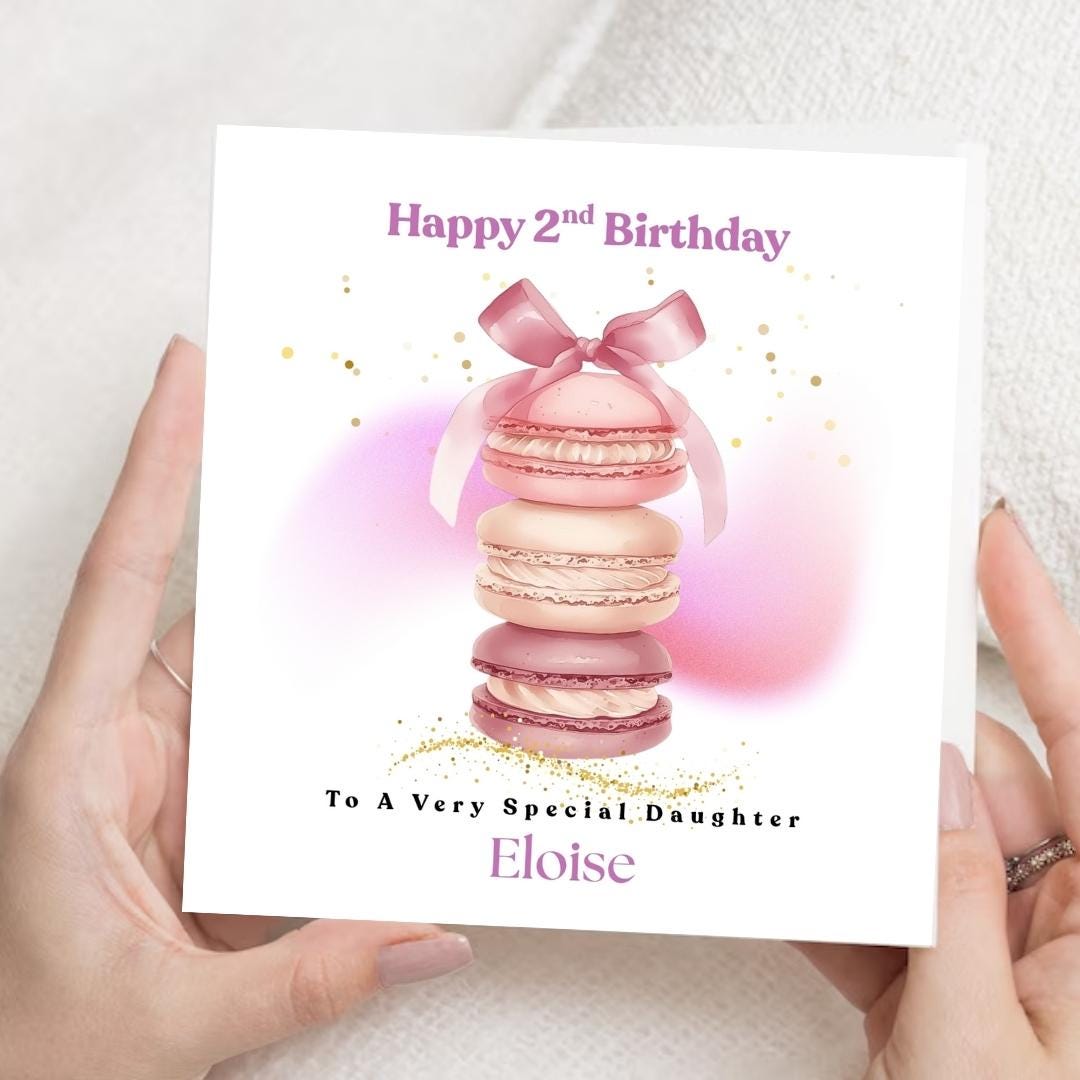 Personalized 2nd birthday card for Granddaughter, Pastel Macaroon Bow Design Baby Girl Card