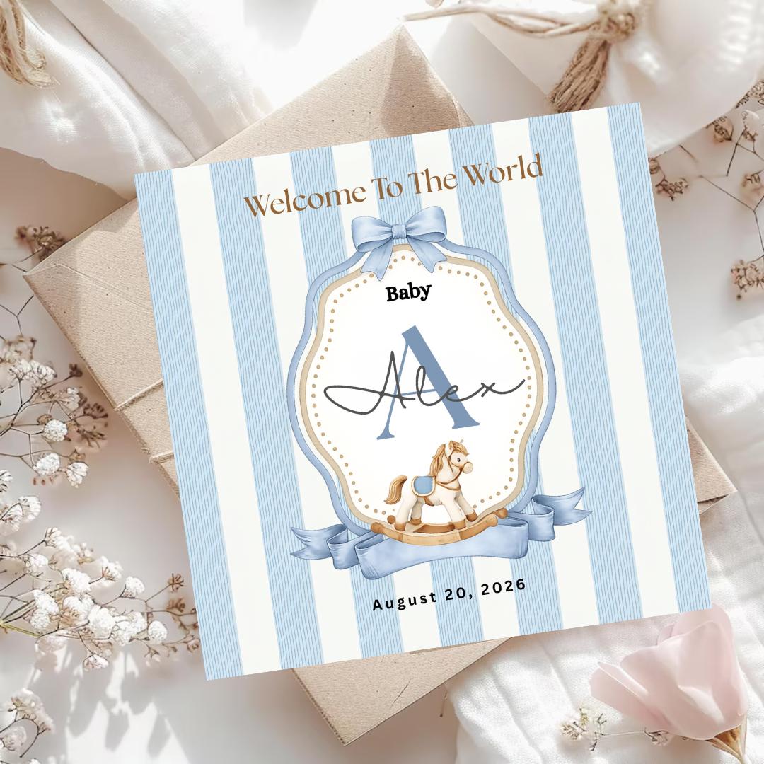 Personalised Baby Boy Welcome Card, Custom Name Initial, Newborn Congratulations