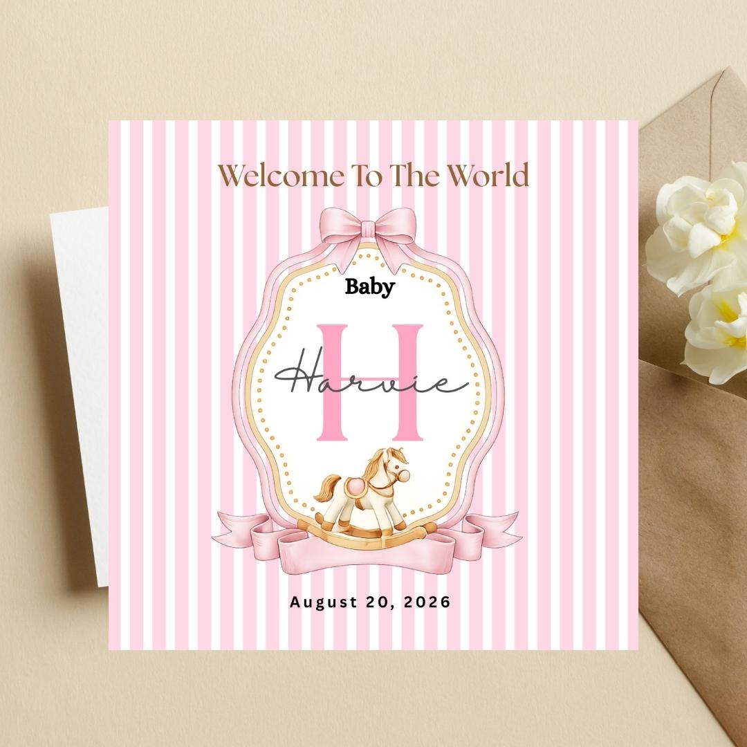 Personalised Baby Girl Welcome Card, Custom Name Initial, New born Congratulations