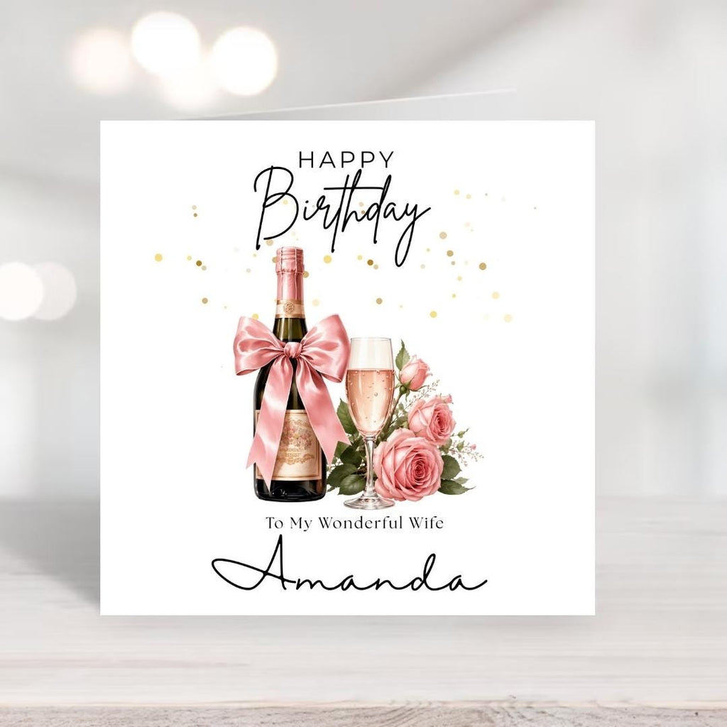 Personalised Birthday Card for Wife, Custom Name Elegant Romantic Champagne & Roses Birthday Card for Her