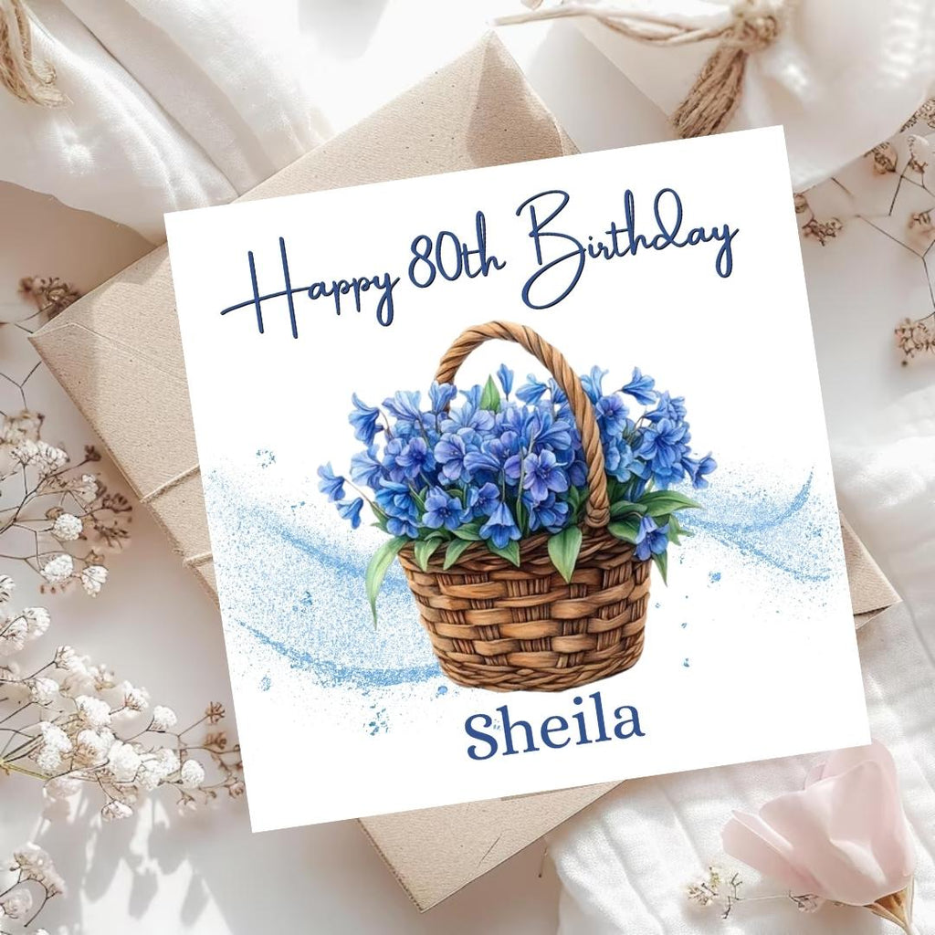 Personalized 80th Floral Birthday Card For Her – Custom Name Flower Basket Card For Mum