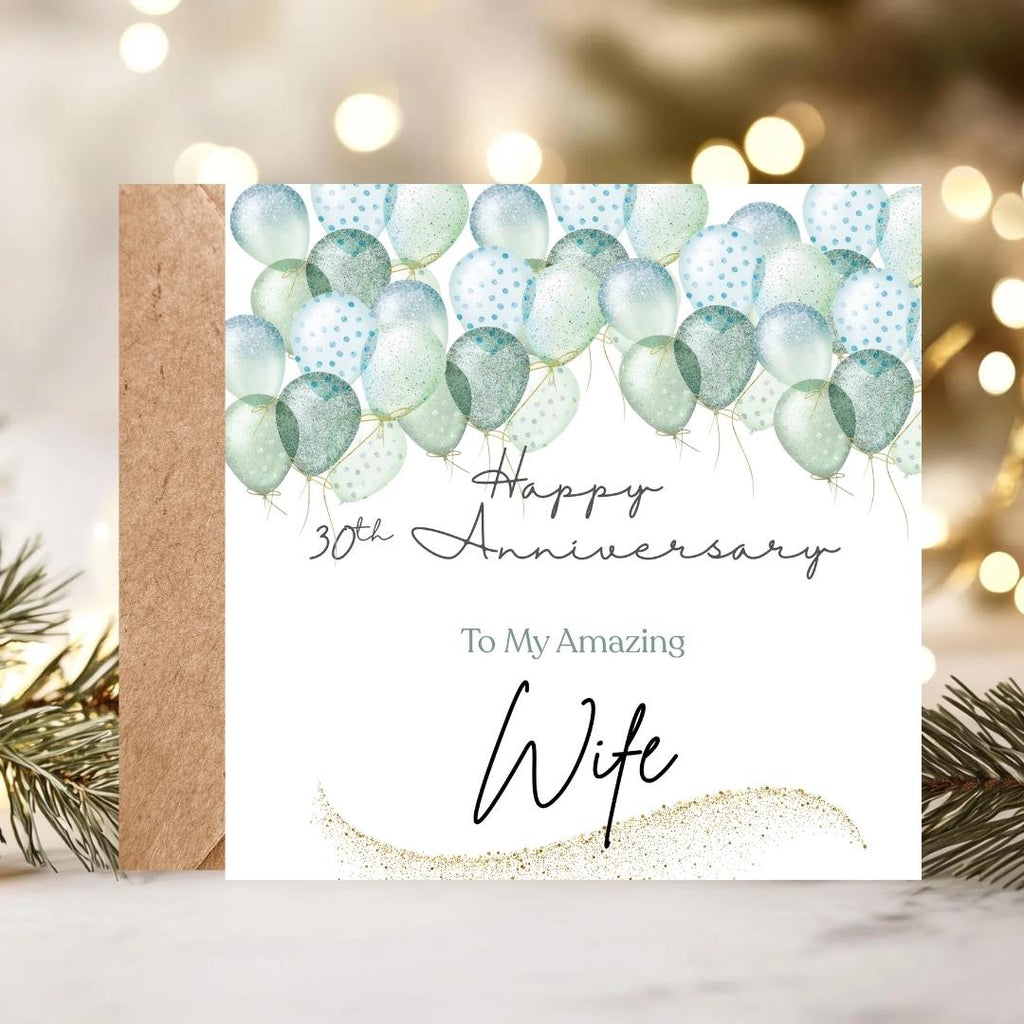 30th Anniversary Card for Wife – Soft Green Balloons, Romantic Personalized Greeting