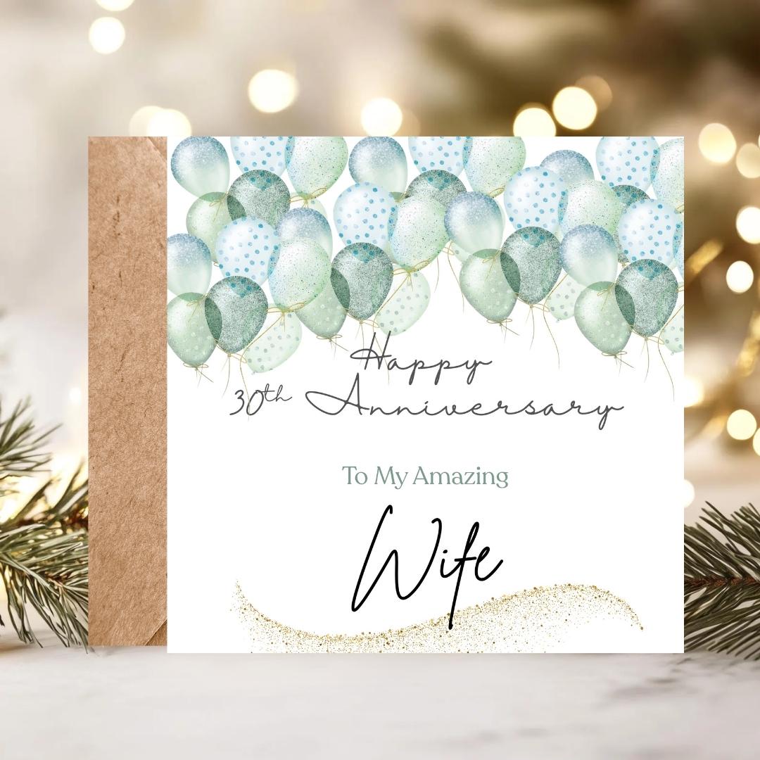 30th Anniversary Card for Wife – Soft Green Balloons, Romantic Personalized Greeting