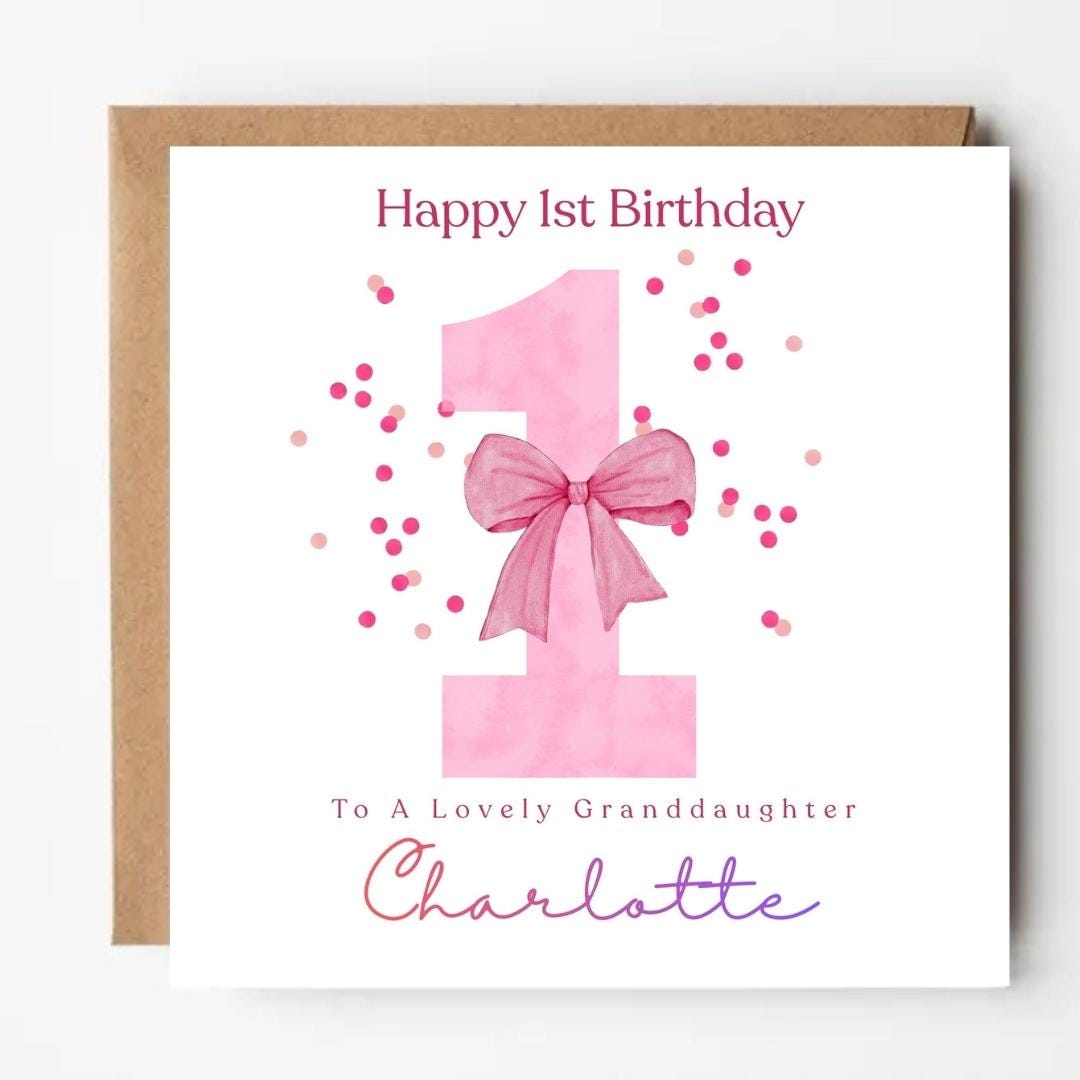 Personalized 1st Birthday Card For Granddaughter, Pink Bow Design