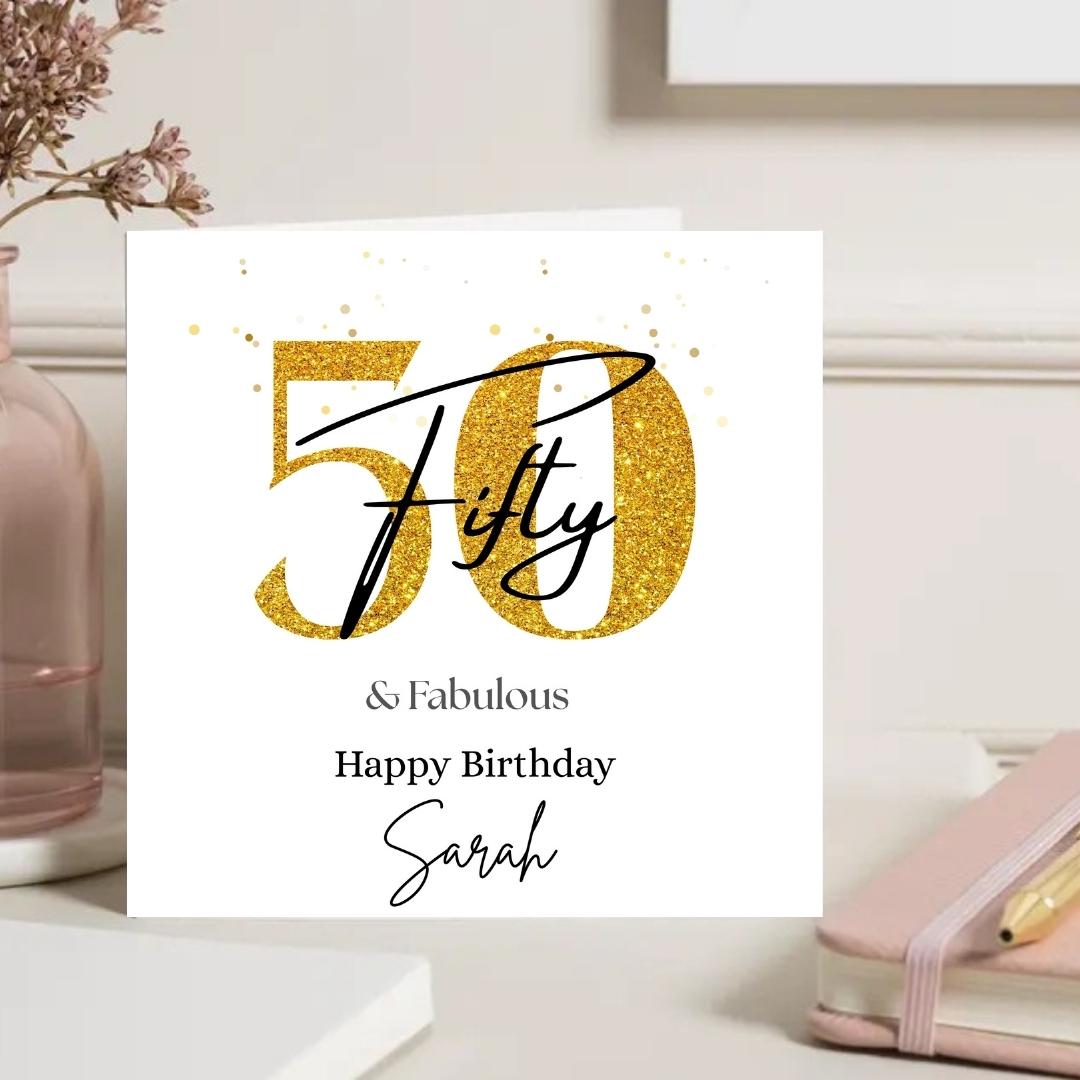 Personalized 50th Birthday Card, Gold Glitter Fifty, Keepsake Milestone