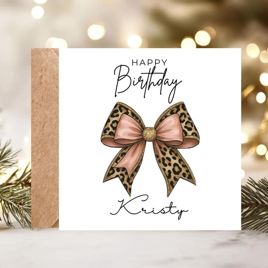 Personalized Leopard Print Birthday Card With Custom Name, Pink Bow design