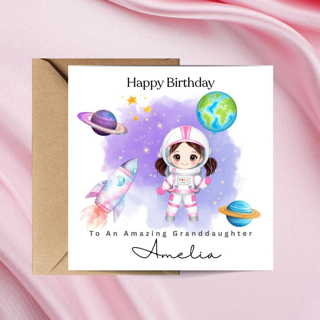 Personalized Astronaut Birthday Card – Space Rocket, Planets, Custom Age (For Girls)