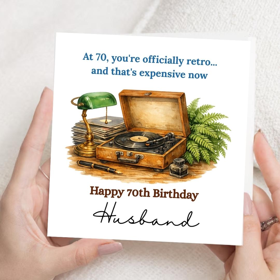 Funny 70th Birthday Card for Wife, Personalised Retro Vinyl Record Birthday Card For Husband