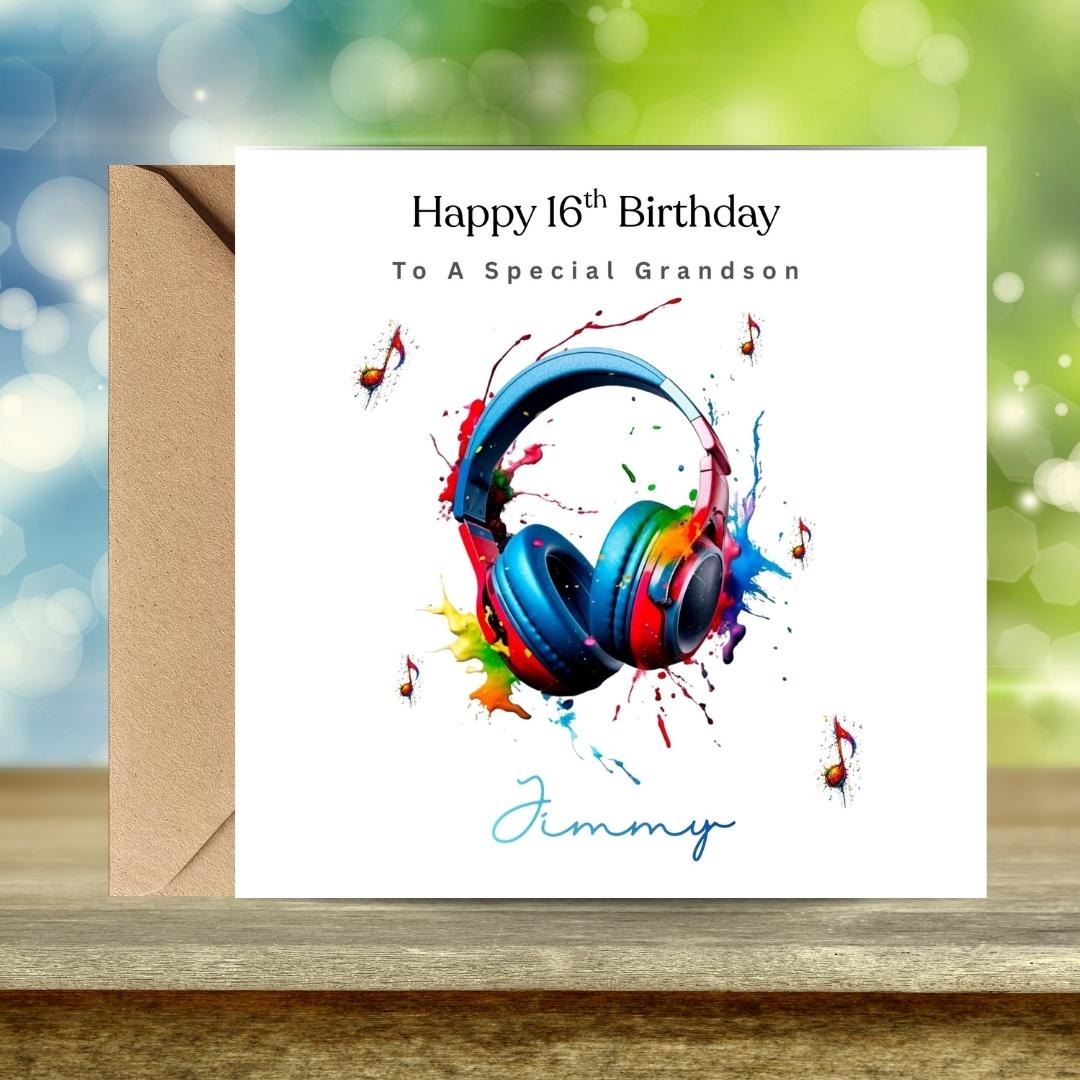 Personalized 16th Birthday Card For Son Grandson, Custom Name Music Lover Headphones