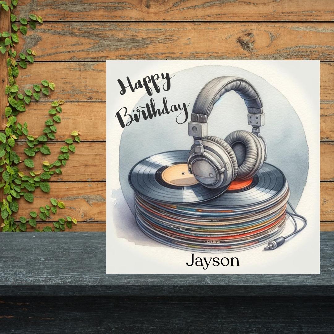 Personalized Music Lover Birthday Card, Vinyl Record & Headphones Design Custom Name, Teen Birthday Cards