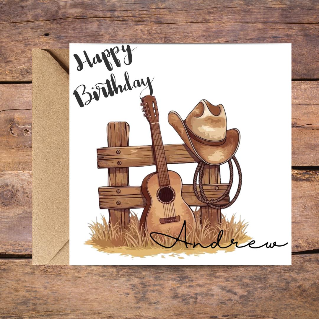 Personalised Cowboy Birthday Card, Rustic Western Guitar Hat Design, Custom Name For Him