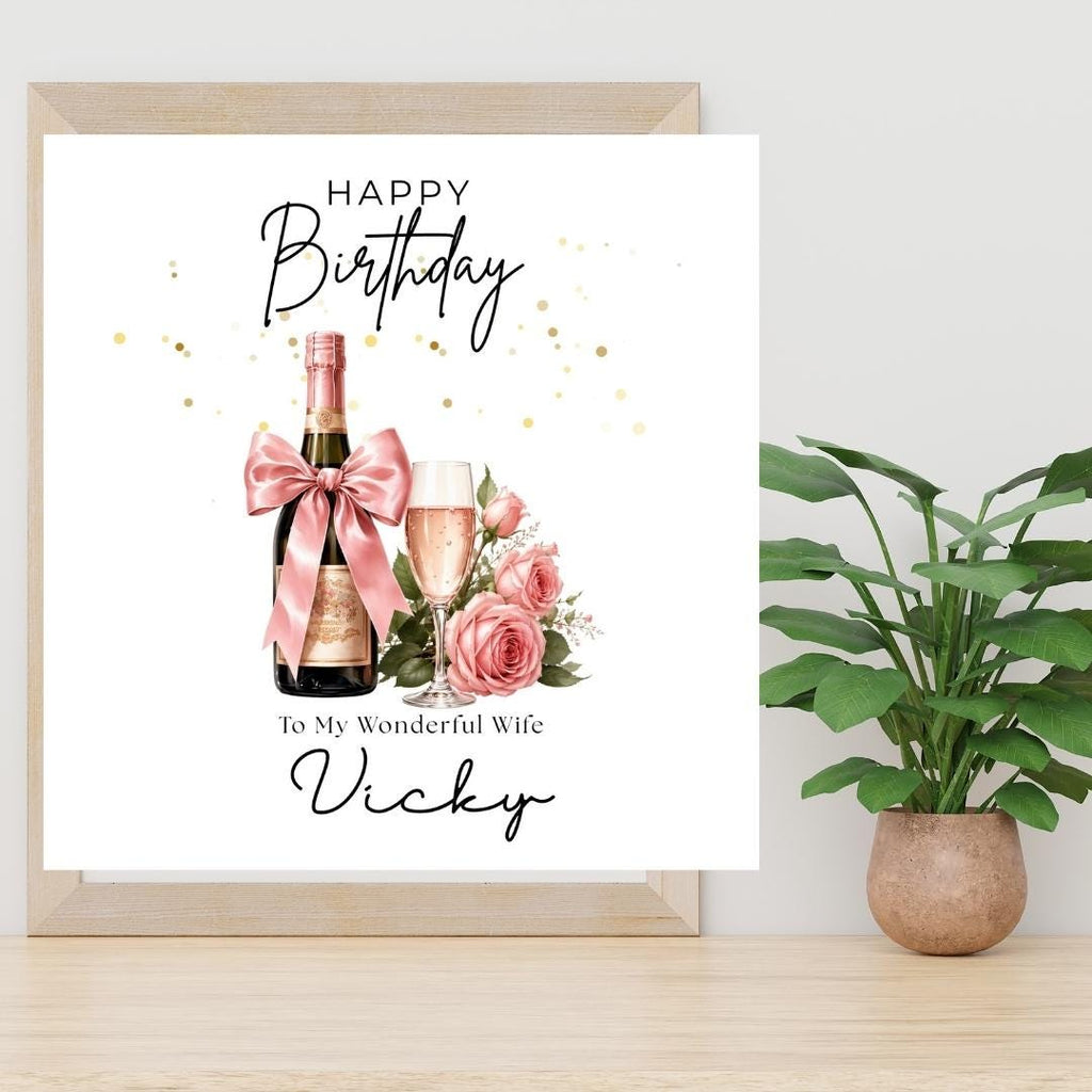 Personalised Birthday Card for Wife, Custom Name Elegant Romantic Champagne & Roses Birthday Card for Her