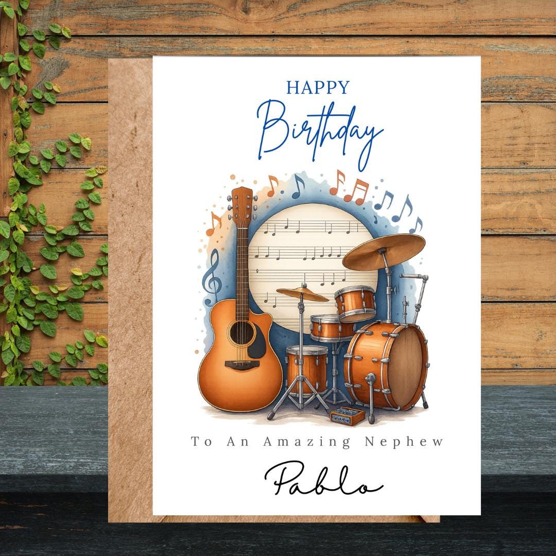 Personalized Music Birthday Card, Guitar & Drums Design Custom Name Card for Brother, Friend, Son