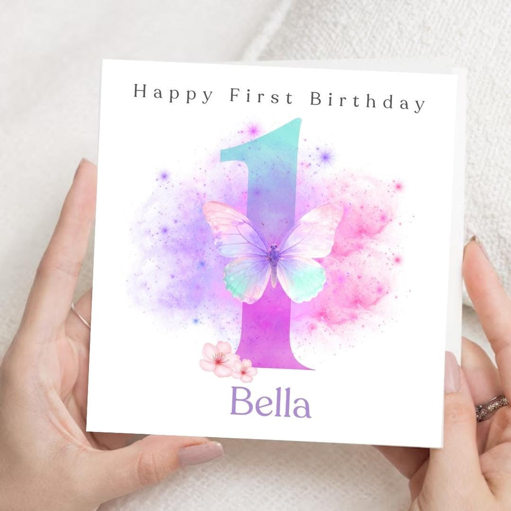Personalized 1st Birthday Card For Granddaughter, Rainbow Butterfly Floral Design Age Birthday Cards
