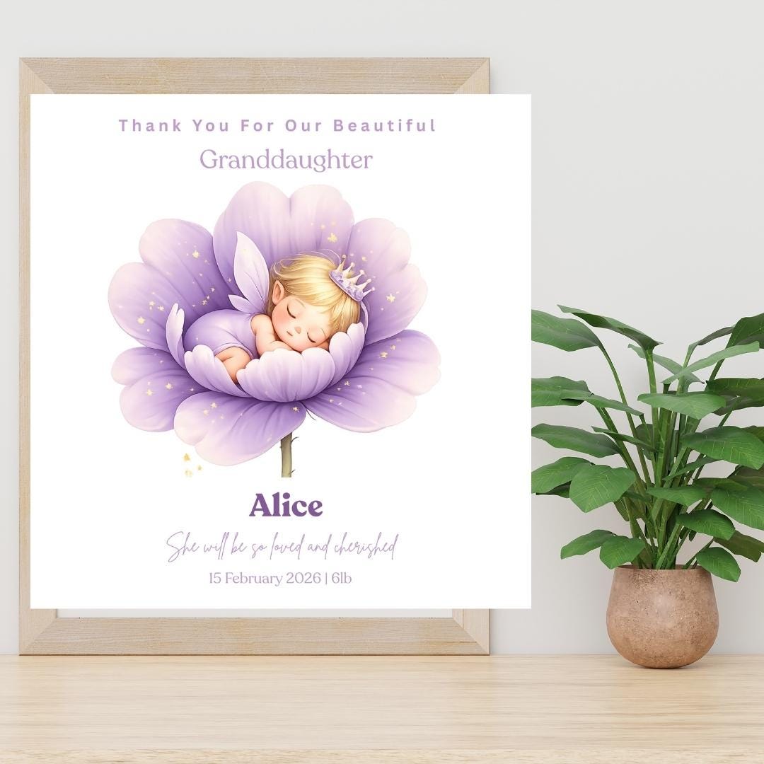Personalized Granddaughter Card, Baby Girl Welcome, Purple Flower Design