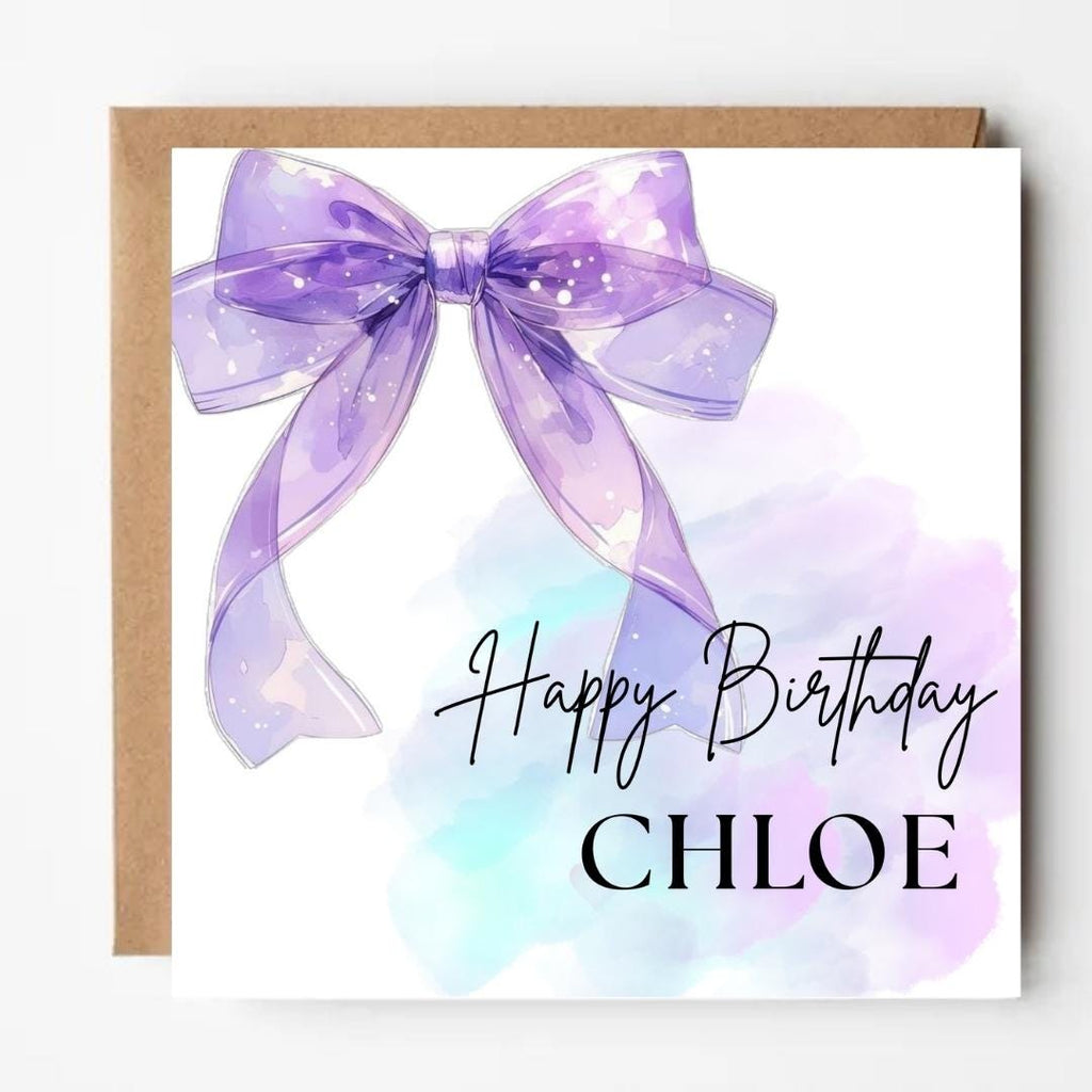 Personalized Coquette Bow Birthday Card, Elegant Purple Design, Custom Name Birthday Gift For Her