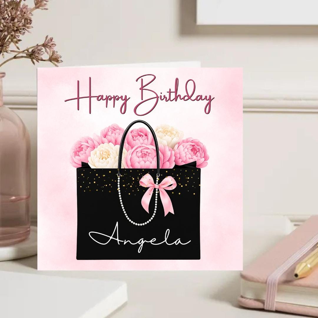 Personalized Floral Pink Peony Birthday Card, Elegant Minimalist Fashion Gift Bag Greeting For Her