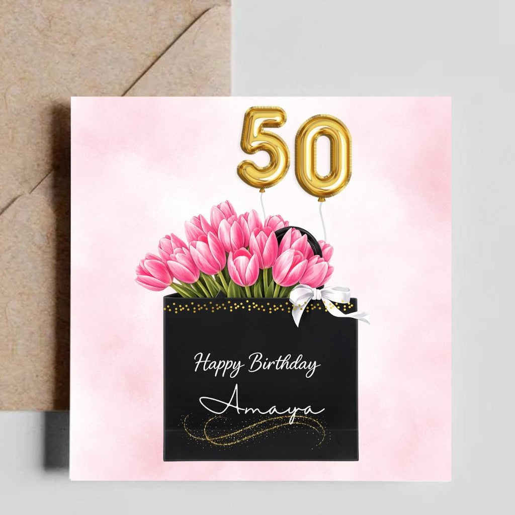 Personalized 50th Birthday Card For Her, Floral Pink Tulips Elegant Fashion Gift Bag Greeting For Her