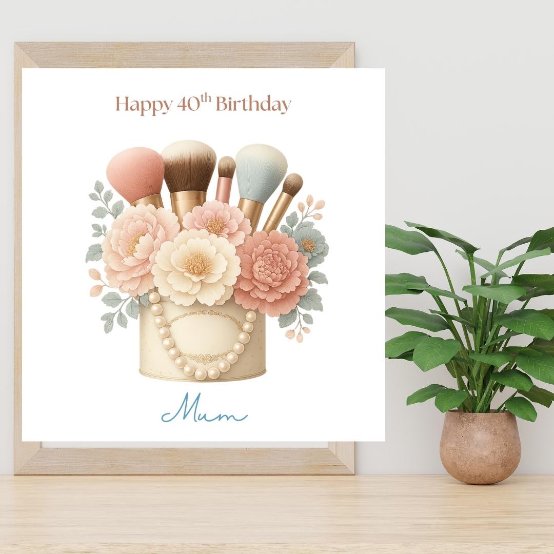 Personalised Sister Birthday Card – Makeup Brushes, Pearls, Floral Design Custom Age