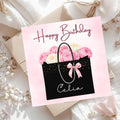 Personalized Floral Pink Peony Birthday Card, Elegant Minimalist Fashion Gift Bag Greeting For Her