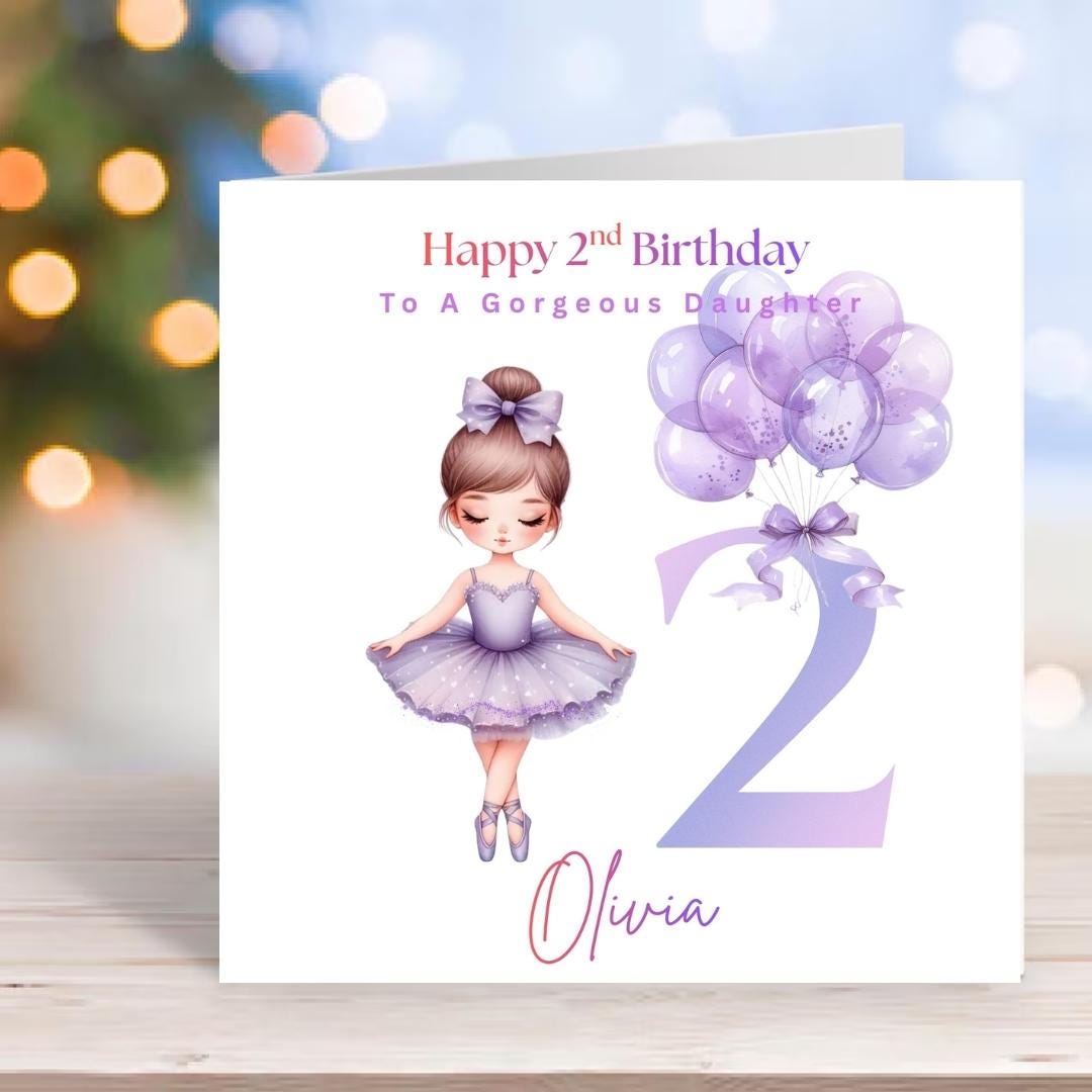 Personalized Ballerina 2nd Birthday Card, Purple Tutu Design, Daughter Niece Granddaughter