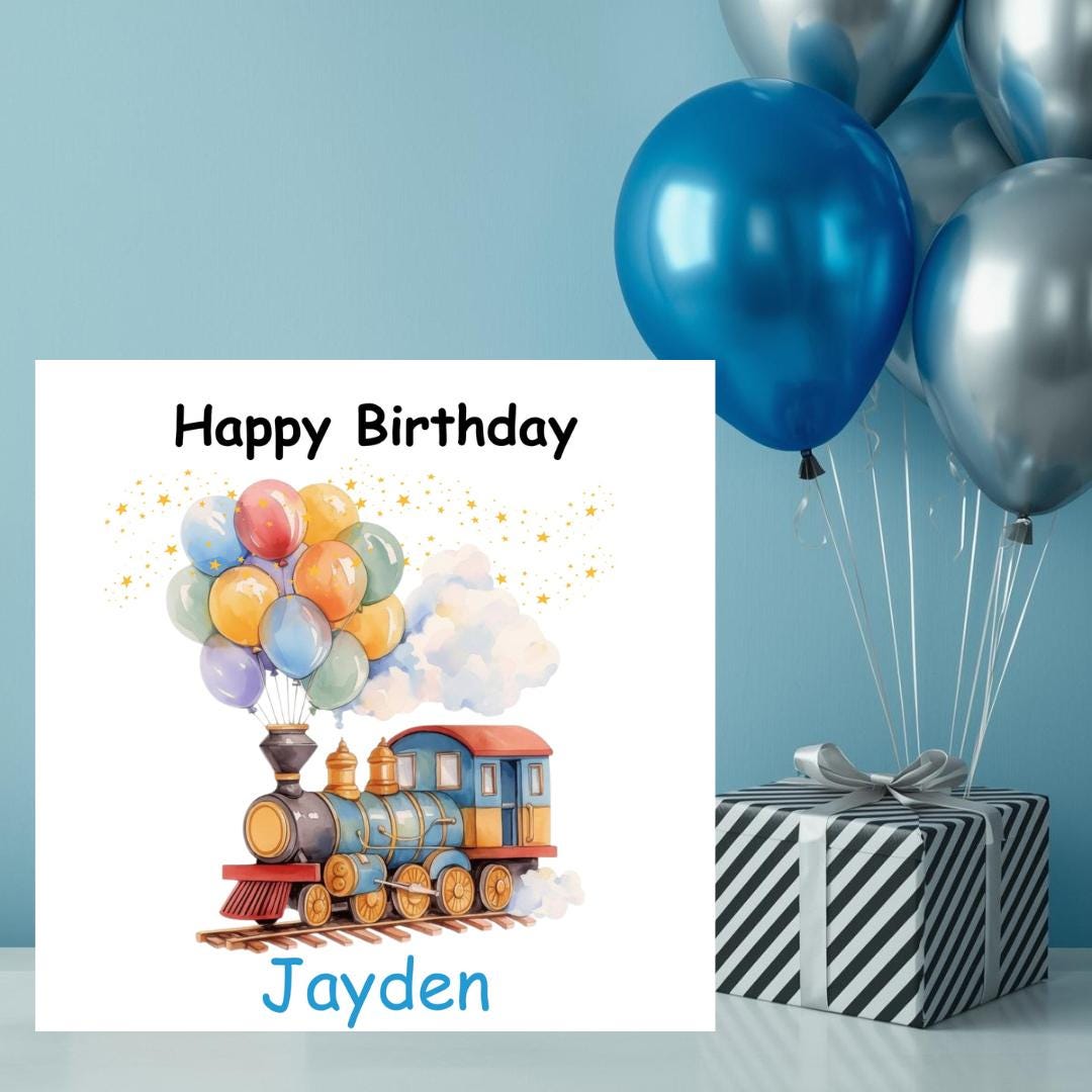 Personalized Train Birthday Card, Kids Name Keepsake