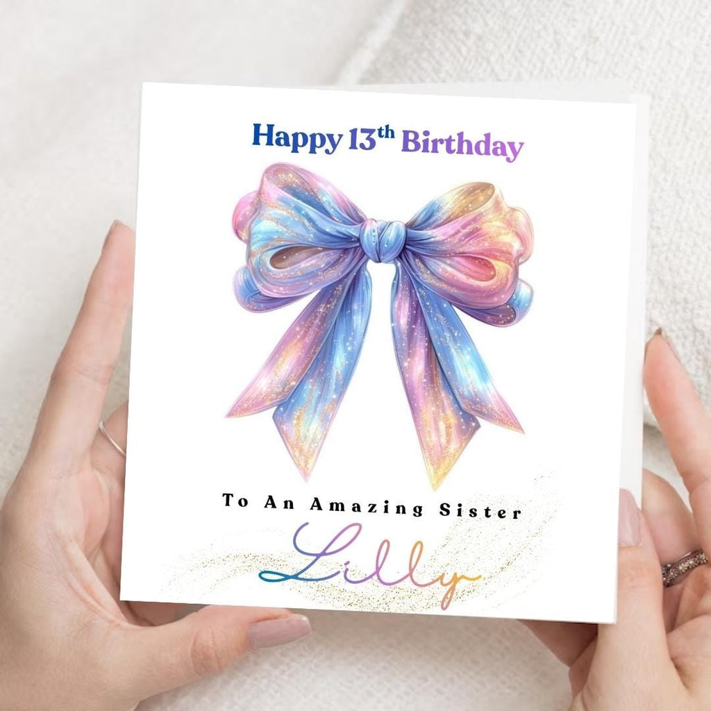 Coquette 13th Birthday Card, Custom Name Bow Design, Sister Daughter Granddaughter Greeting