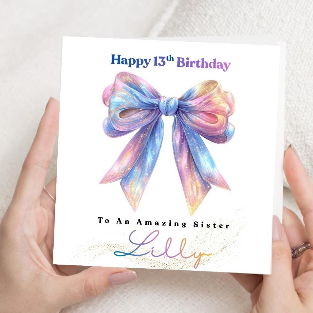Coquette 13th Birthday Card, Custom Name Bow Design, Sister Daughter Granddaughter Greeting