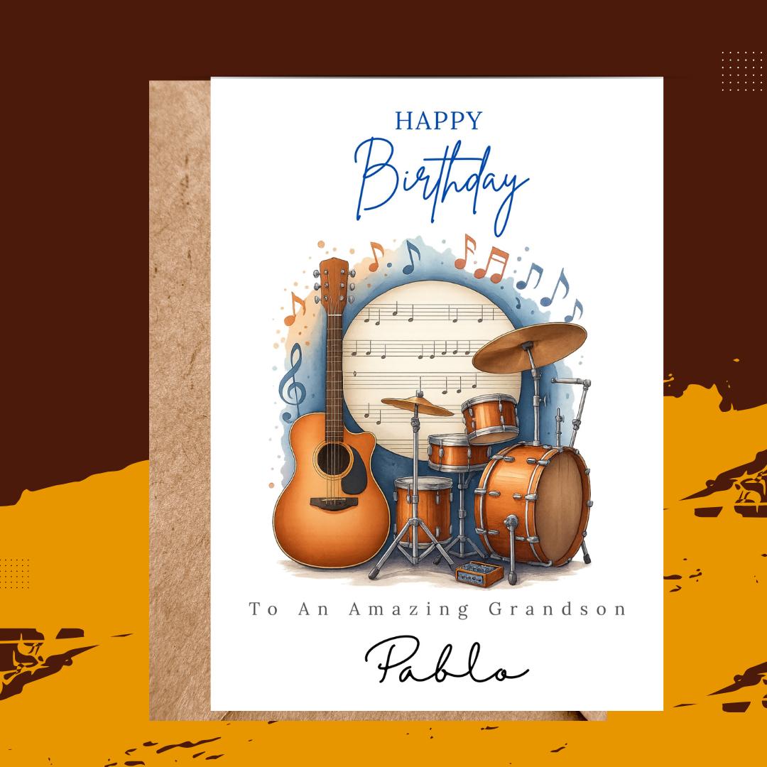 Personalized Music Birthday Card, Guitar & Drums Design Custom Name Card for Brother, Friend, Son
