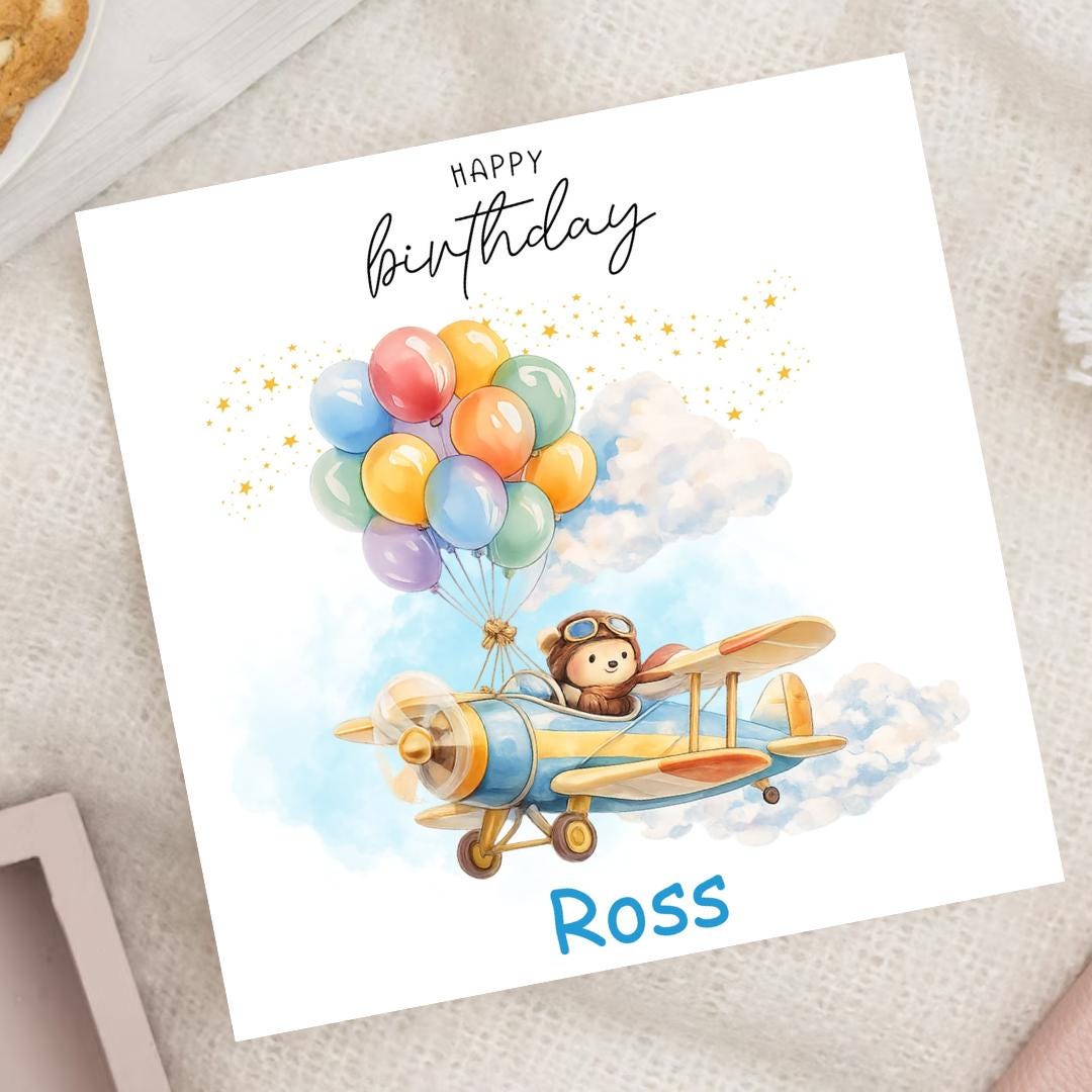 Personalized Plane Birthday Card, Kids Name Card