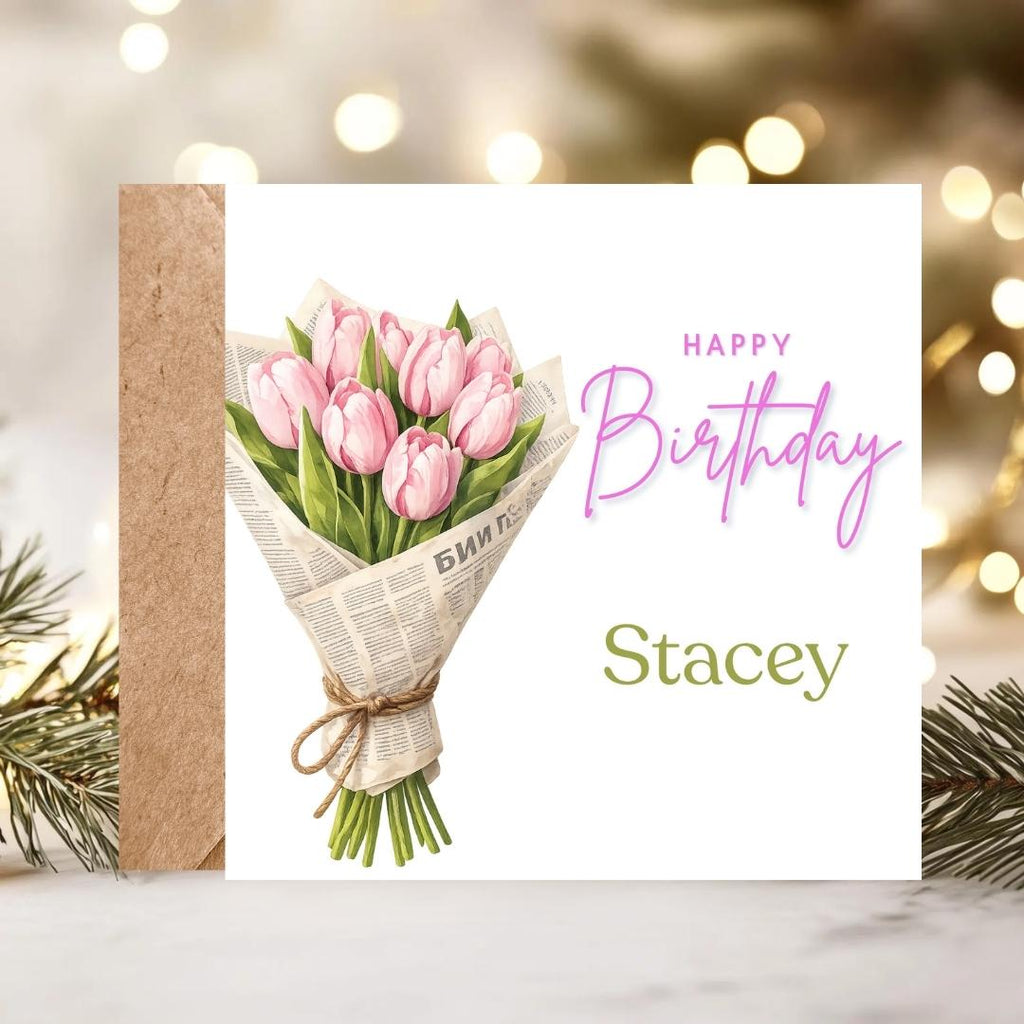 Personalized Pink Tulip Birthday Card For Her – Custom Name Floral Greeting