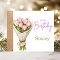 Personalized Pink Tulip Birthday Card For Her – Custom Name Floral Greeting