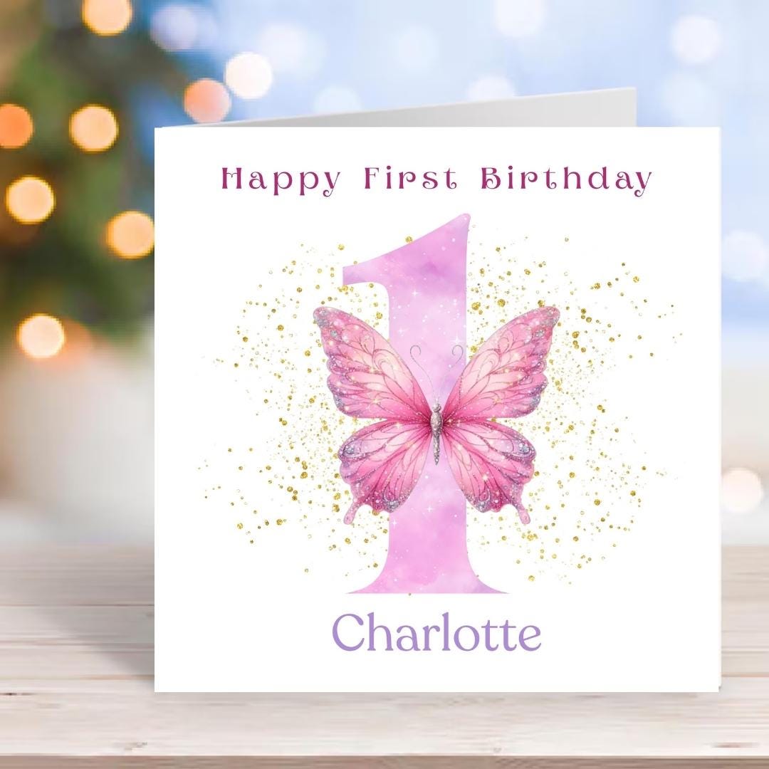 Personalized Baby Girl 1st Birthday Card, Big Number One Pink Butterfly Design