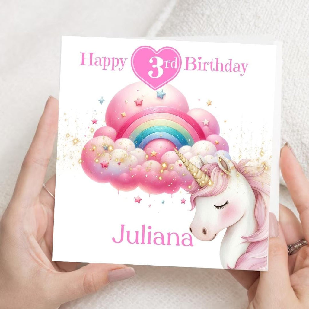Personalized Unicorn 3rd Birthday Card For daughter, granddaughter, niece, - cloud rainbow gold dust magical