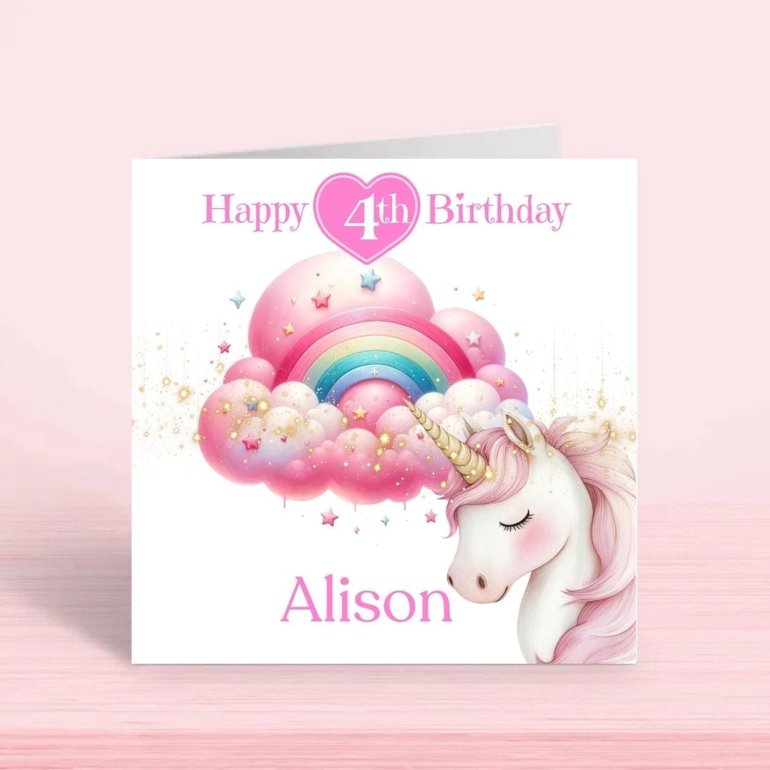 Personalized Unicorn 4th Birthday Card, Magical Rainbow Cloud Design