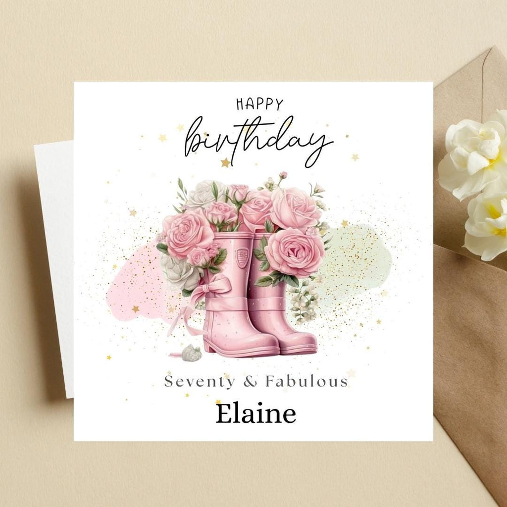 Personalized 70th Birthday Card, Gardener Pink Wellies Floral Rose Design Keepsake Milestone