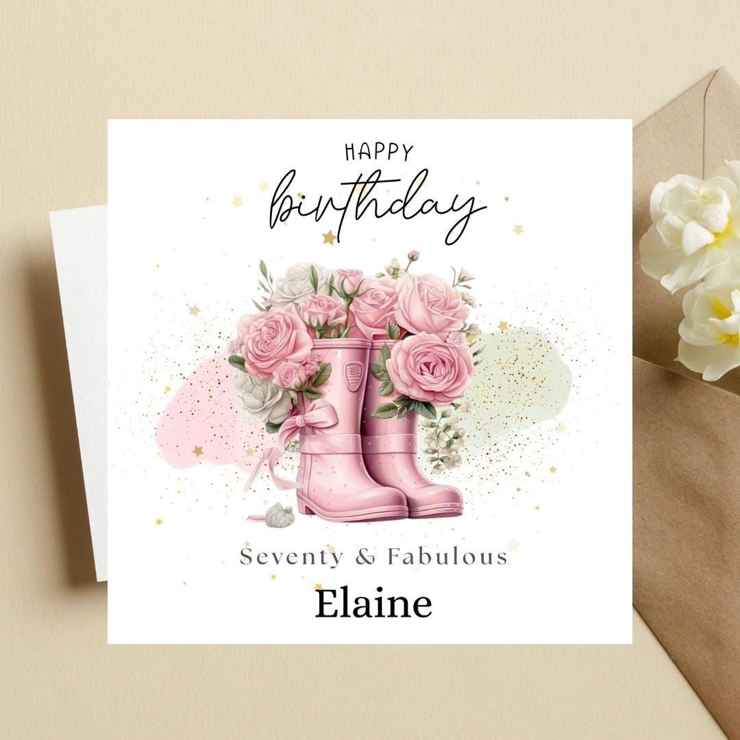 Personalized 70th Birthday Card, Gardener Pink Wellies Floral Rose Design Keepsake Milestone