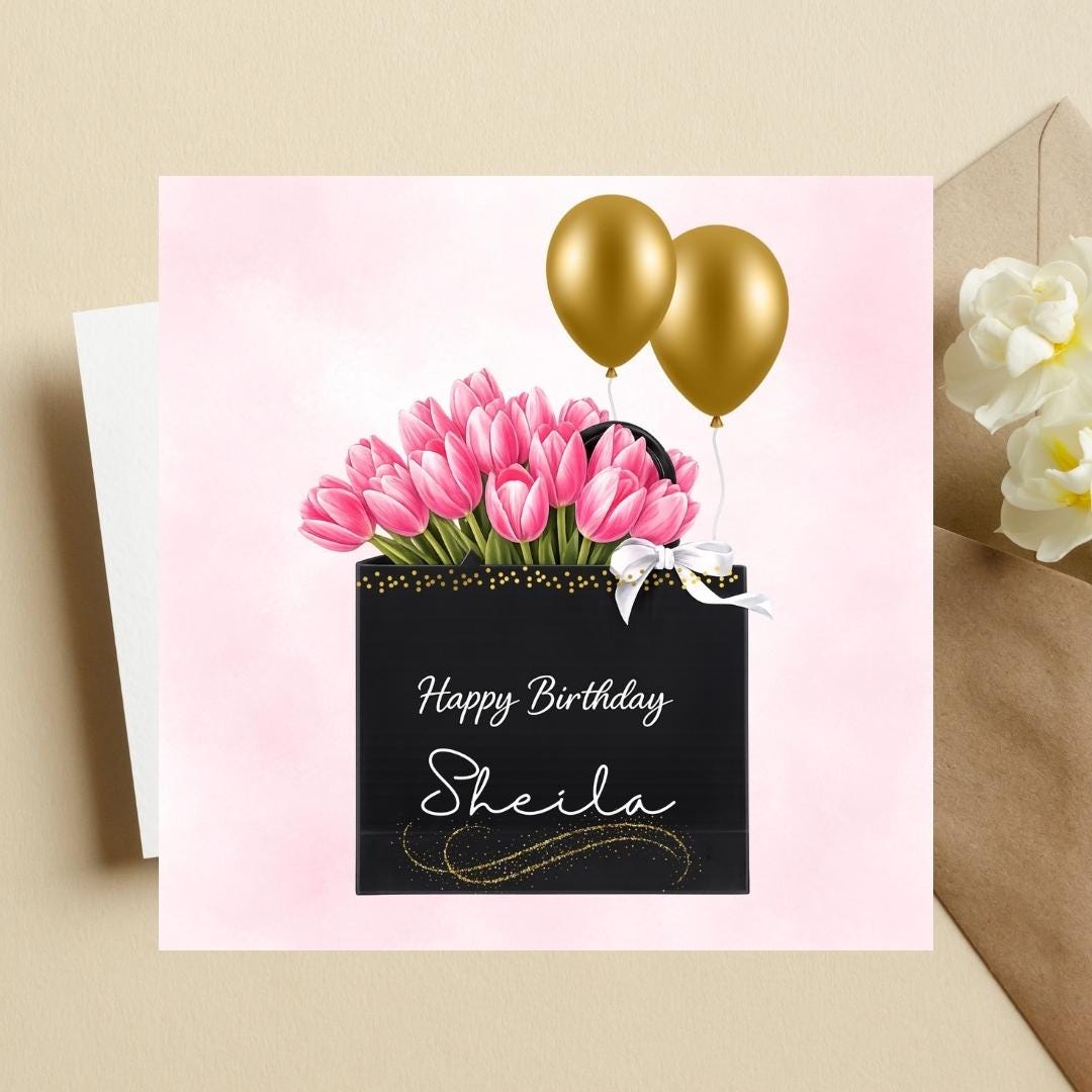 Personalized Floral Pink Tulips Birthday Card, Elegant Minimalist Fashion Gift Bag Greeting For Her