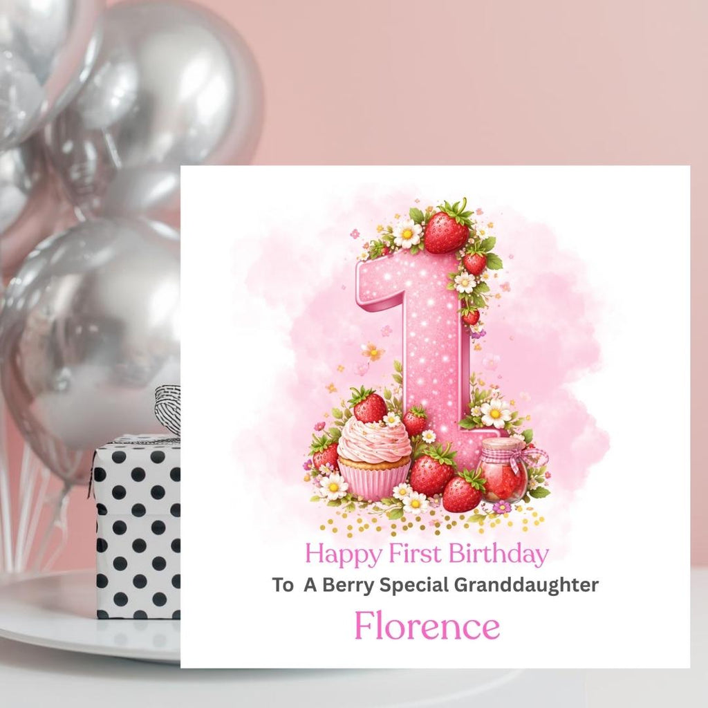 Personalized Berry 1st Birthday Card For Granddaughter, Daughter First Birthday Cards, Strawberry Number One
