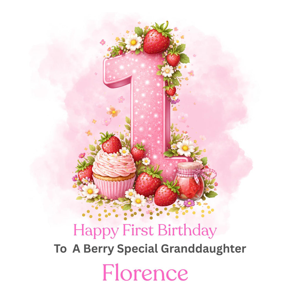 Personalized Berry 1st Birthday Card For Granddaughter, Daughter First Birthday Cards, Strawberry Number One