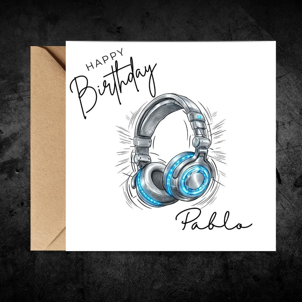 Personalized Music Lover DJ Birthday Card, Headphones Custom Name, Unisex Teen Birthday Cards