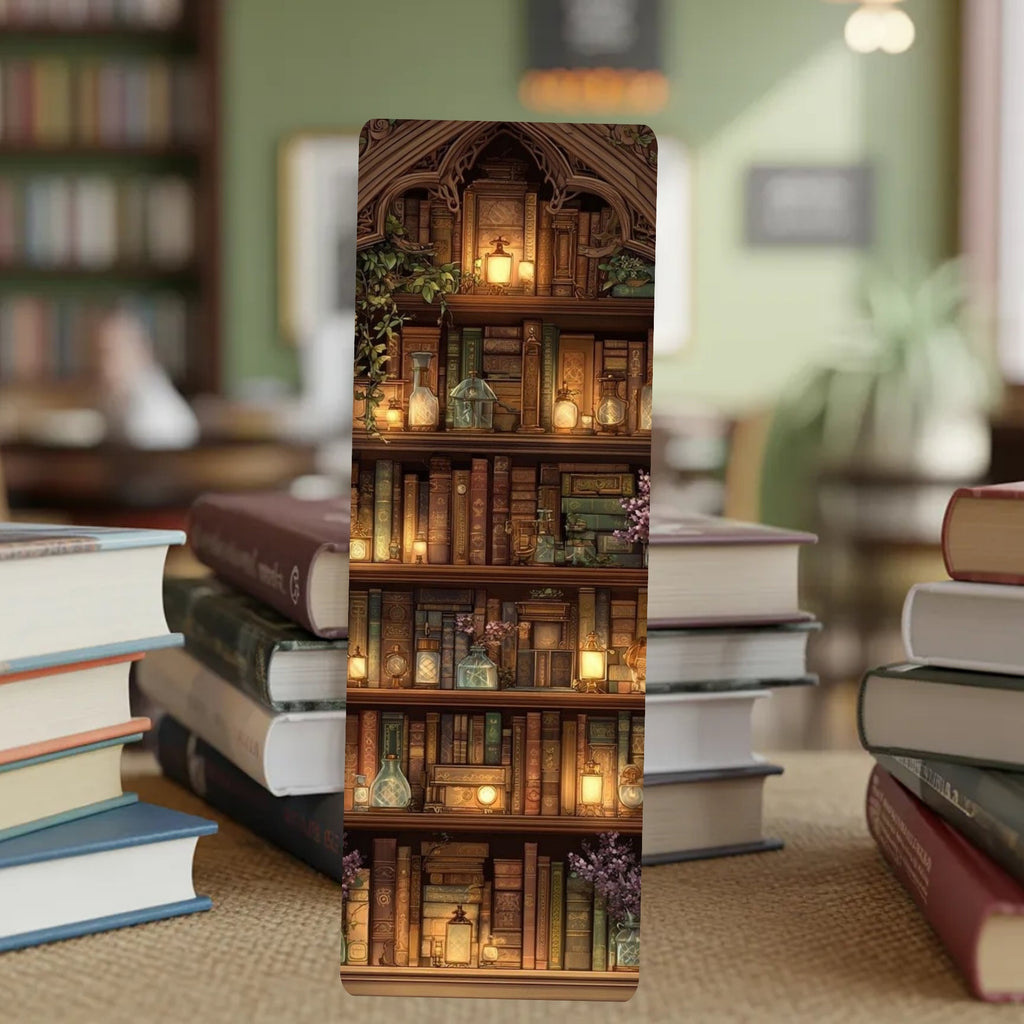 A slim rectangular notebook or journal standing upright on a table, printed with a cozy library shelf scene filled with books and glowing candles. The product is photographed in a real indoor setting with stacks of books around it and a softly blurred room in the background.
