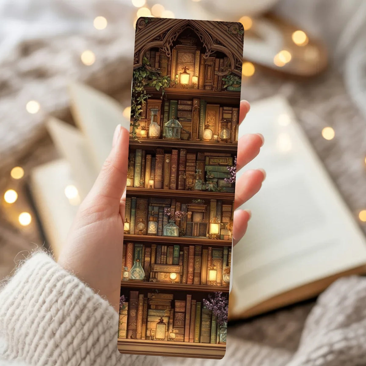A hand holding a slim rectangular book or bookmark featuring an illustrated design of cozy bookshelves with candles and books, set against a warm, blurred background with an open book and soft bokeh lights.