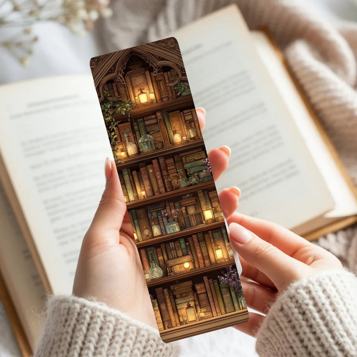 A person holds a slim rectangular bookish bookmark or card featuring an illustrated library shelf scene with glowing candles and books. The background shows an open book and a soft beige knit sweater in a cozy indoor setting.