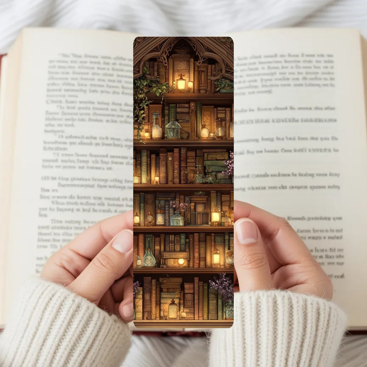 A rectangular bookend or phone stand featuring a detailed illustration of a cozy library shelf with glowing candles, held by two hands over an open book.