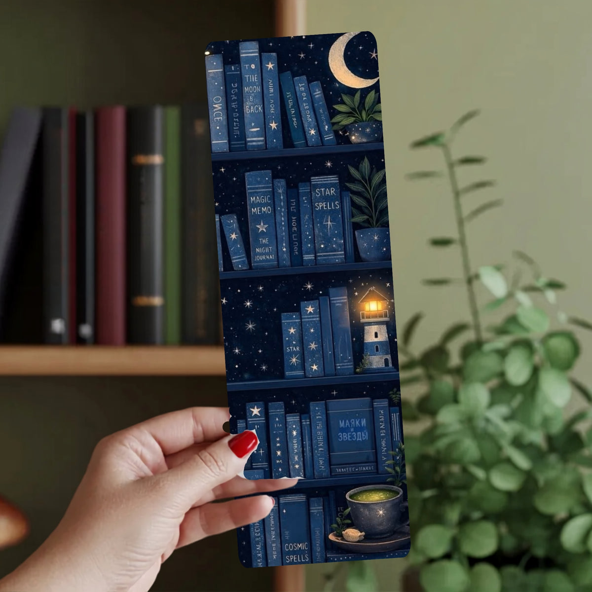 A hand with red nail polish holds a long rectangular bookmark or card featuring a whimsical navy blue bookshelf illustration with stars, moon, books, a lighthouse, and a cup of tea. The background shows blurred real-world bookshelves and greenery.