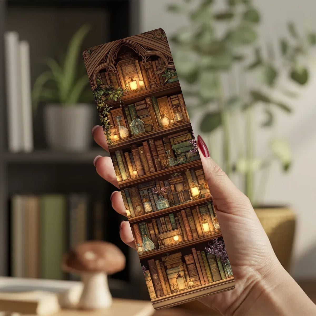 A hand with red-painted nails holds a slim phone case featuring a detailed illustration of a whimsical wooden library shelf filled with books, lanterns, and small plants. The background is a softly blurred indoor setting with a bookshelf and green plants.