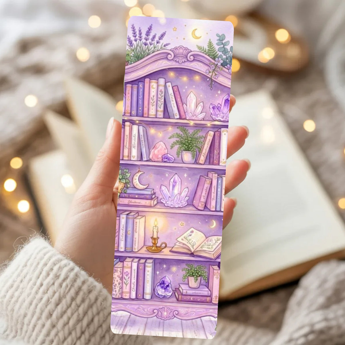 A hand holds a long rectangular bookmark or card featuring a whimsical purple bookshelf illustration with books, crystals, plants, candles, and moons, set against a cozy blurred background with open books and warm lights.