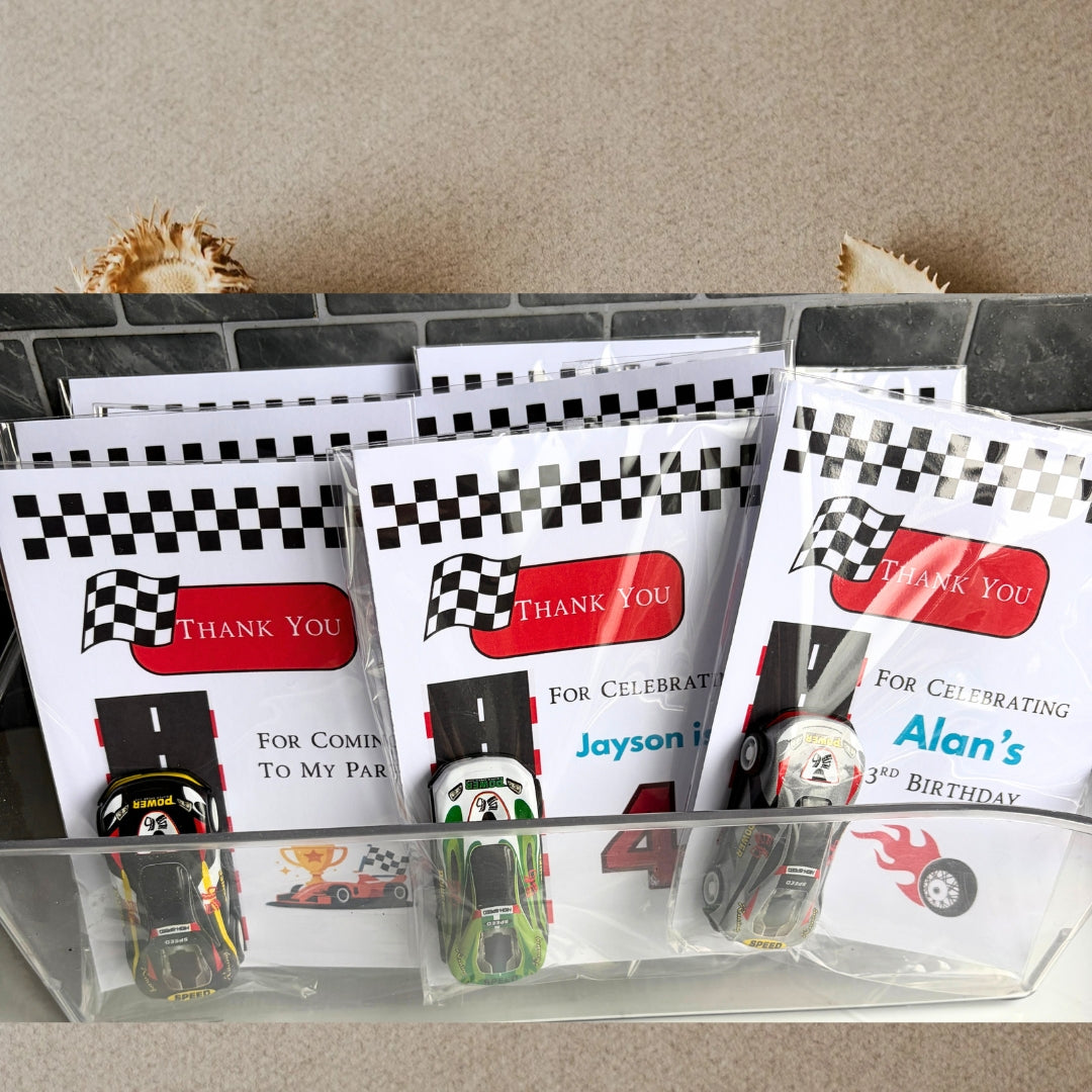 Custom toy car party favors with personalized birthday thank you cards for kids